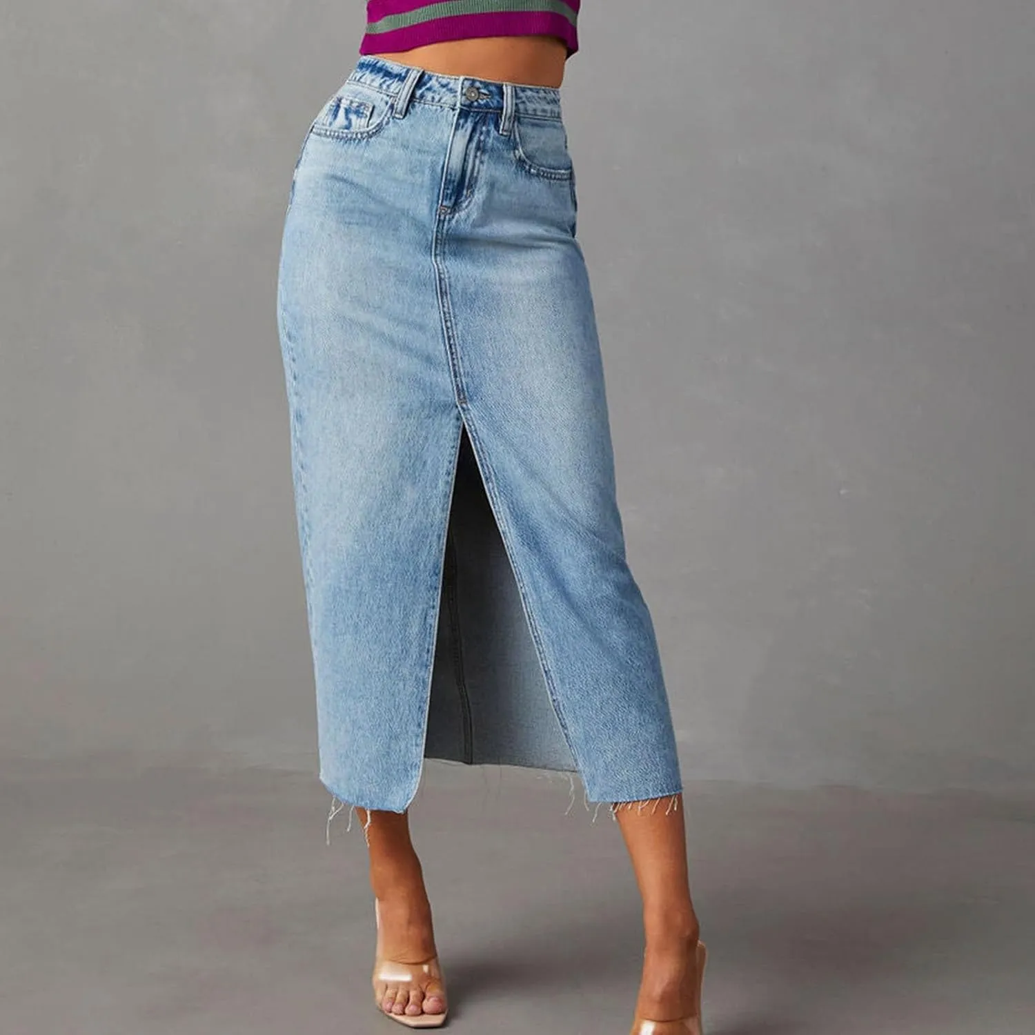 Fashion A-line Split Denim Skirt for Women Leisure High Waist Midi Skirts Comfortable Bodycon Going Out Skirts