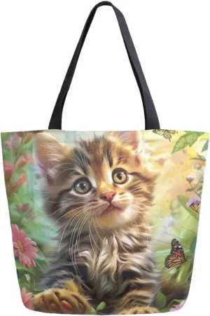 Fashion Extra Large Shoulder Grocery Tote Bag, Playful Kittens Playing in Garden Canvas Daily Handle Bag for Gym Yoga Weekender Beach Travel Picnic Kitchen Reusable Market Shopping