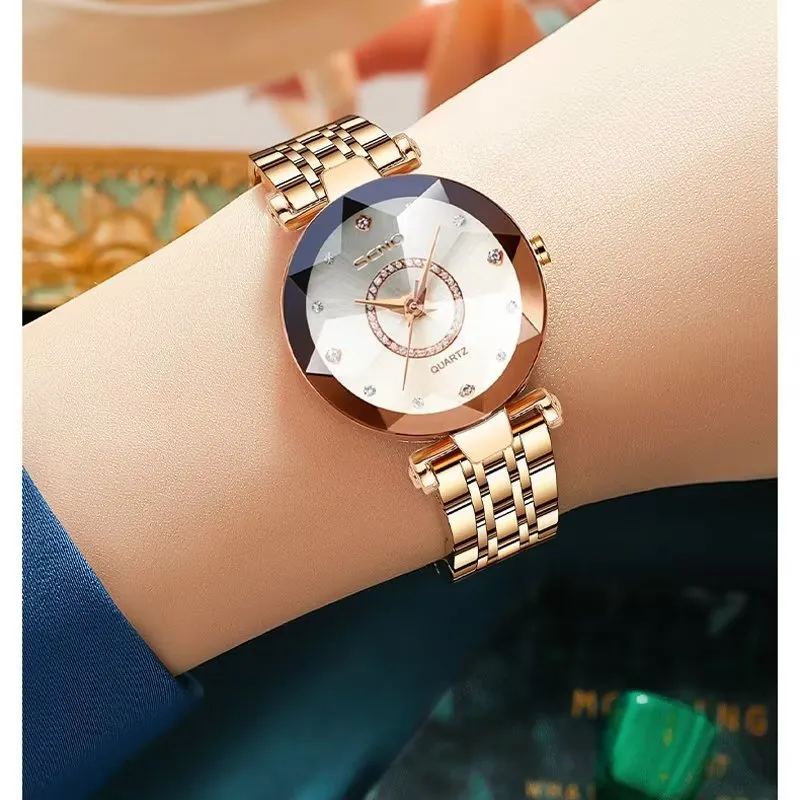 Feminine Diamond Watch with Slim Band and Medium Dial Size