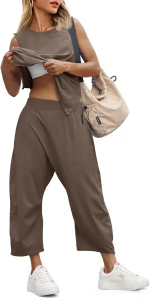 Fisoew Women's Summer 2 Piece Outfits Sleeveless Tank Tops and Wide Leg Pocketed Pants Workout Sweat Sets