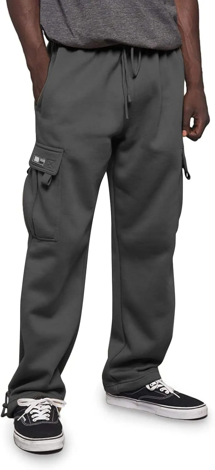 Fleece Cargo Pants for Men Casual Solid Plus Size Loose Fit Sweatpants Mens Baggy Stretch Waist Hiking Work Pants