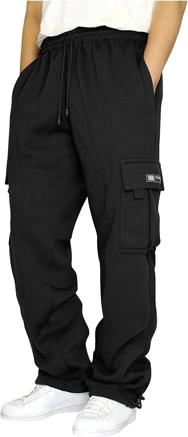 Fleece Cargo Pants for Men Casual Solid Plus Size Loose Fit Sweatpants Mens Baggy Stretch Waist Hiking Work Pants