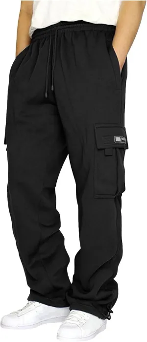 Fleece Cargo Pants for Men Casual Solid Plus Size Loose Fit Sweatpants Mens Baggy Stretch Waist Hiking Work Pants