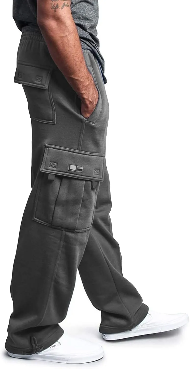 Fleece Cargo Pants for Men Casual Solid Plus Size Loose Fit Sweatpants Mens Baggy Stretch Waist Hiking Work Pants
