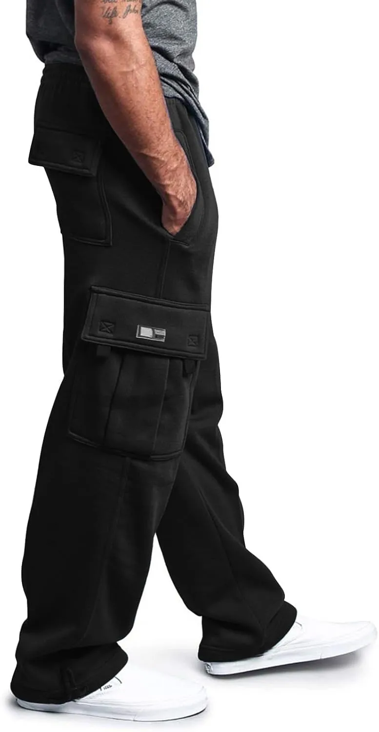 Fleece Cargo Pants for Men Casual Solid Plus Size Loose Fit Sweatpants Mens Baggy Stretch Waist Hiking Work Pants