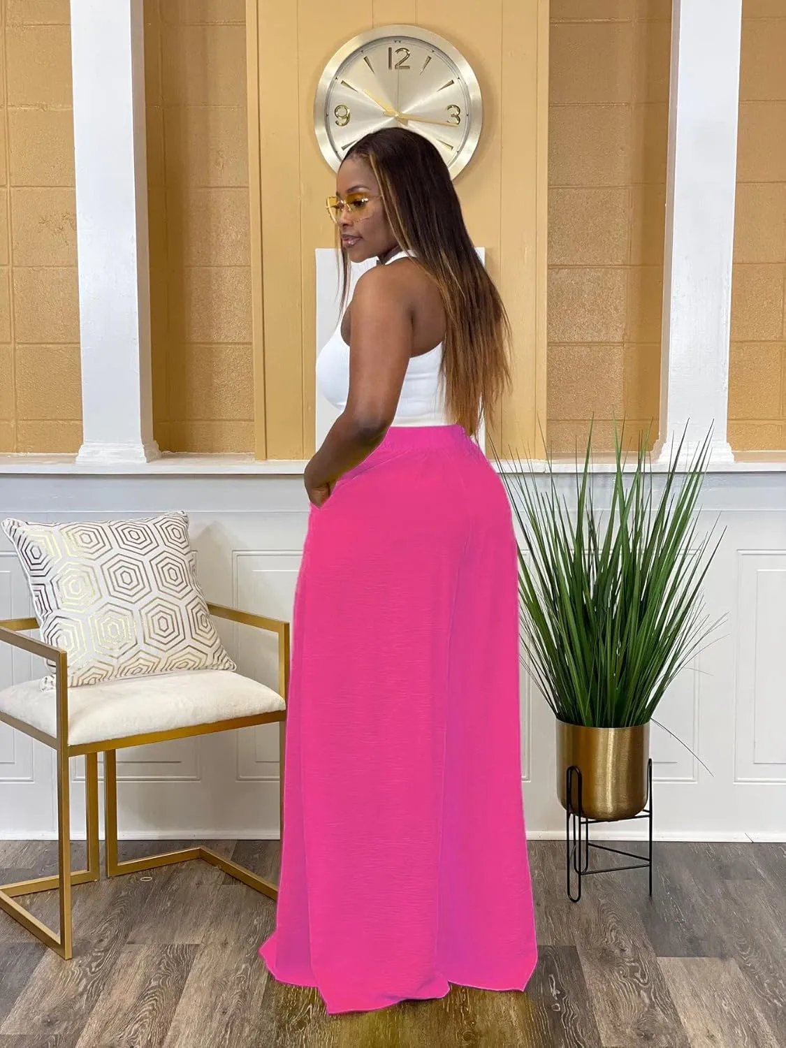 Flowy Pants for Women Casual High Waisted Wide Leg Palazzo Pants Trousers with Pocket Plus Size