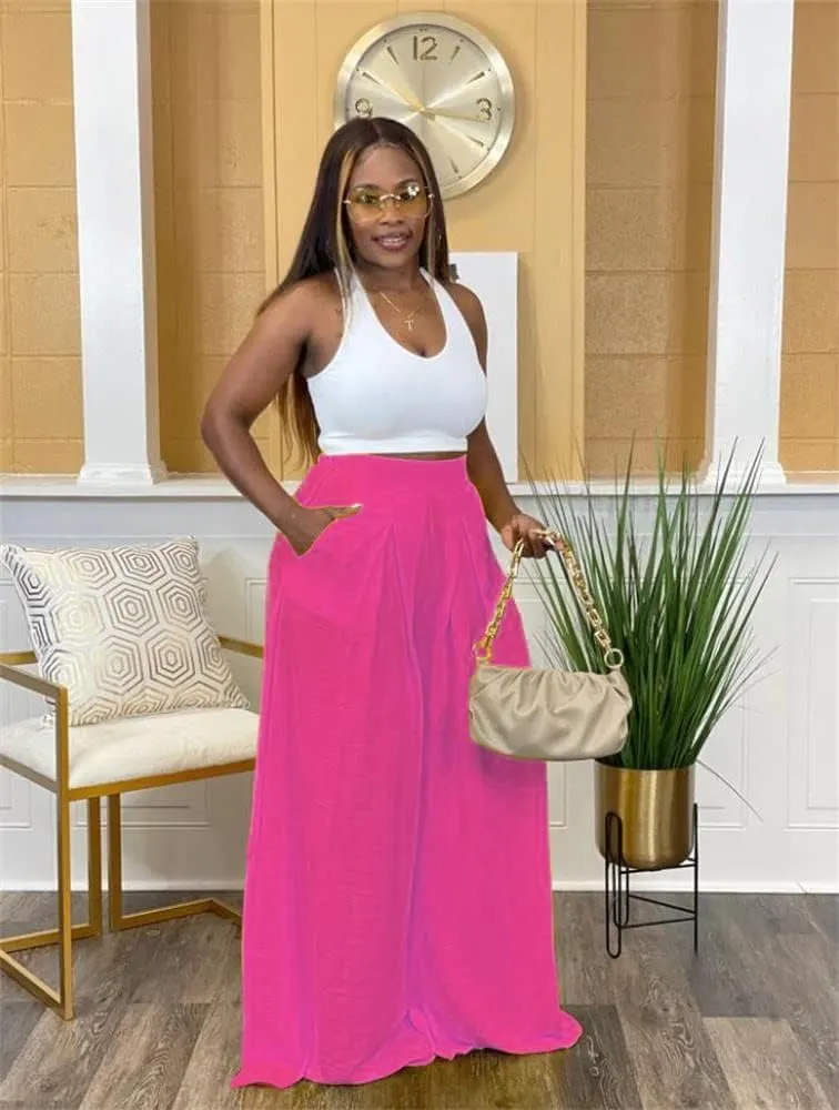 Flowy Pants for Women Casual High Waisted Wide Leg Palazzo Pants Trousers with Pocket Plus Size