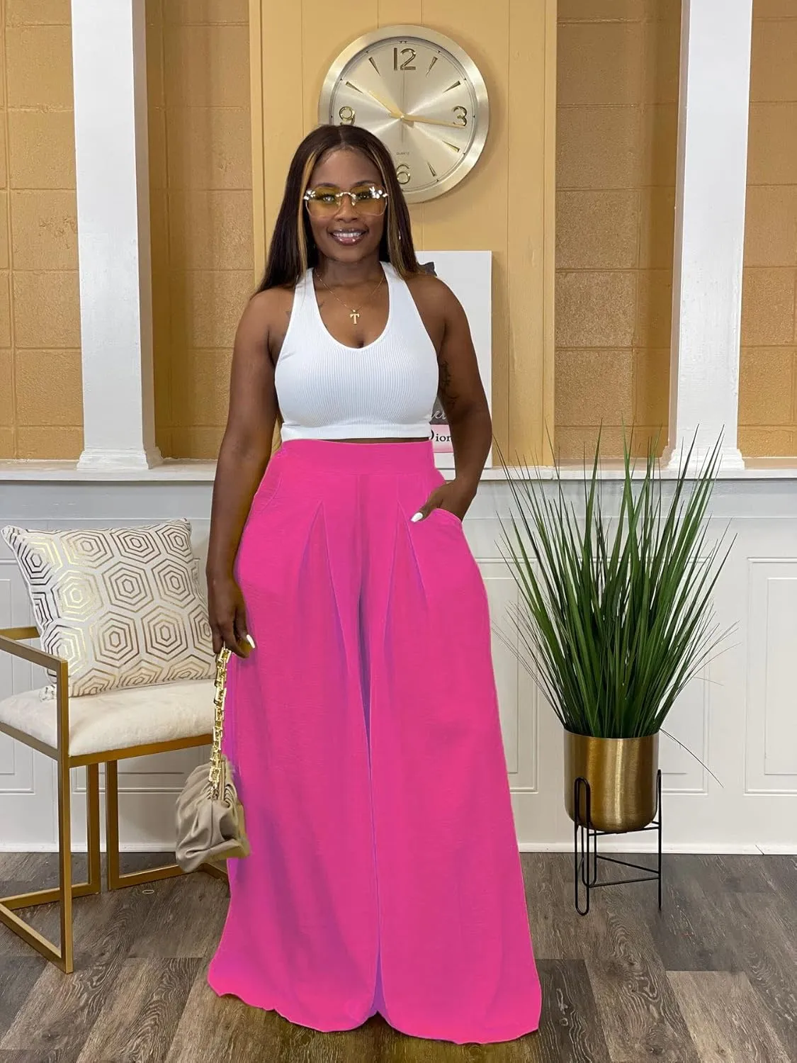 Flowy Pants for Women Casual High Waisted Wide Leg Palazzo Pants Trousers with Pocket Plus Size