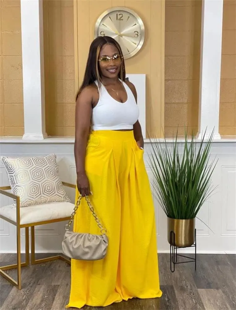 Flowy Pants for Women Casual High Waisted Wide Leg Palazzo Pants Trousers with Pocket Plus Size