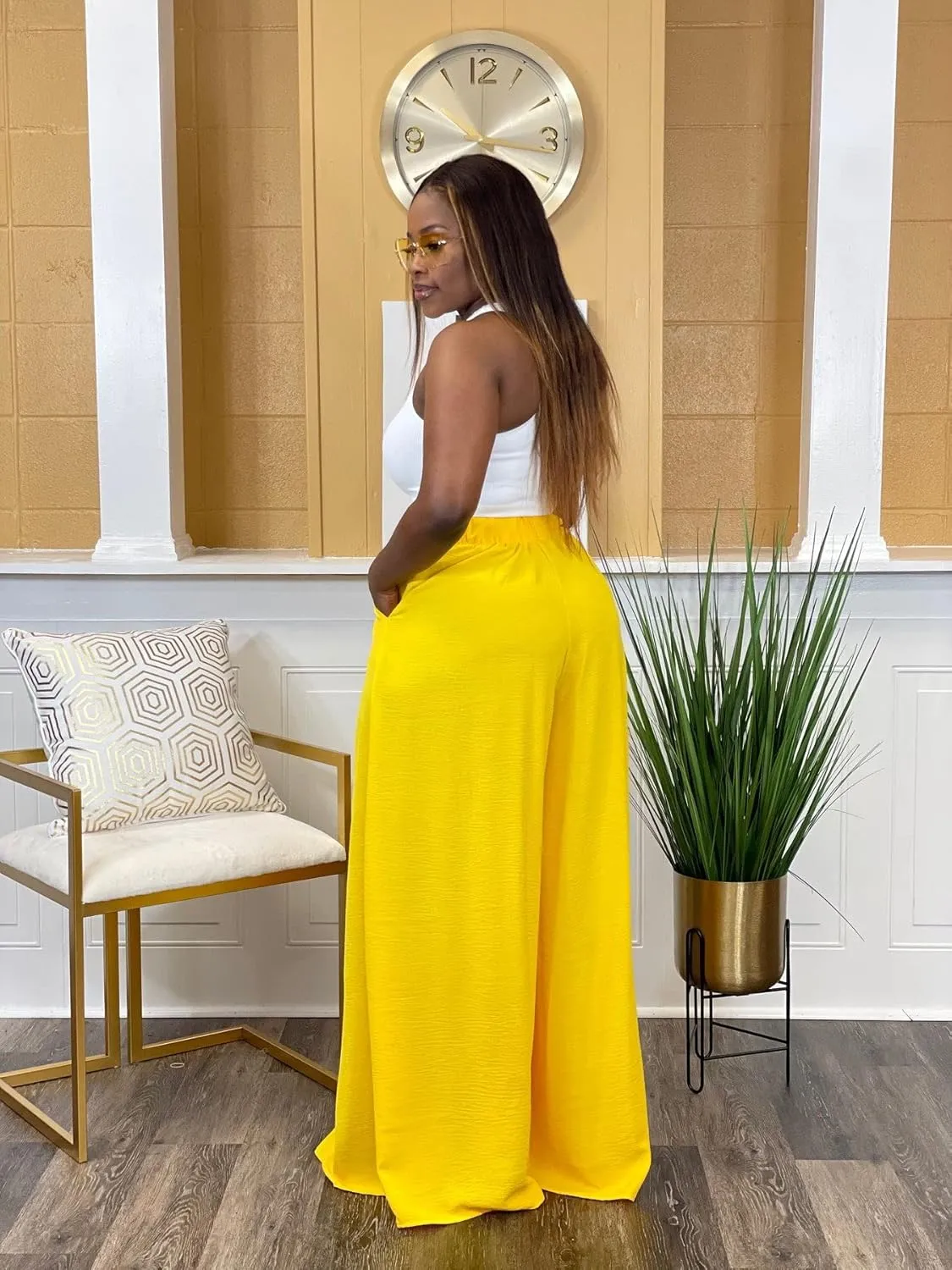 Flowy Pants for Women Casual High Waisted Wide Leg Palazzo Pants Trousers with Pocket Plus Size