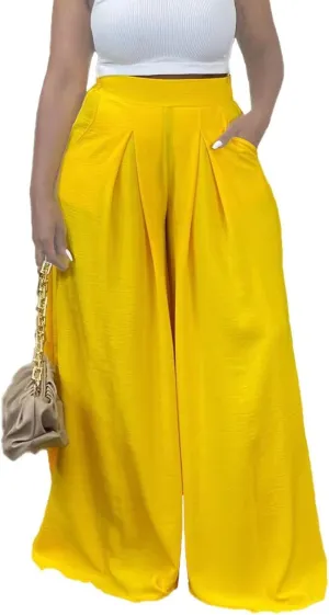 Flowy Pants for Women Casual High Waisted Wide Leg Palazzo Pants Trousers with Pocket Plus Size