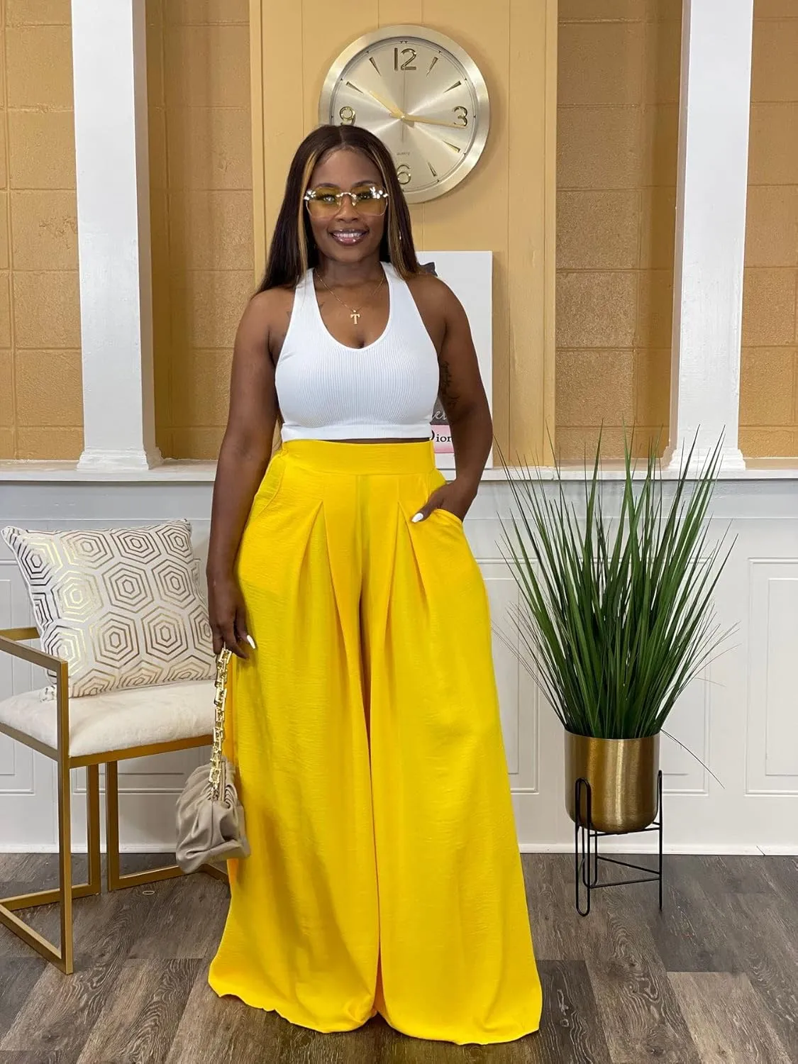 Flowy Pants for Women Casual High Waisted Wide Leg Palazzo Pants Trousers with Pocket Plus Size