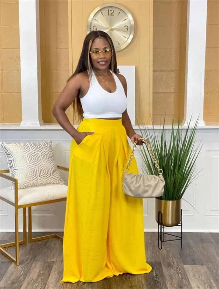 Flowy Pants for Women Casual High Waisted Wide Leg Palazzo Pants Trousers with Pocket Plus Size