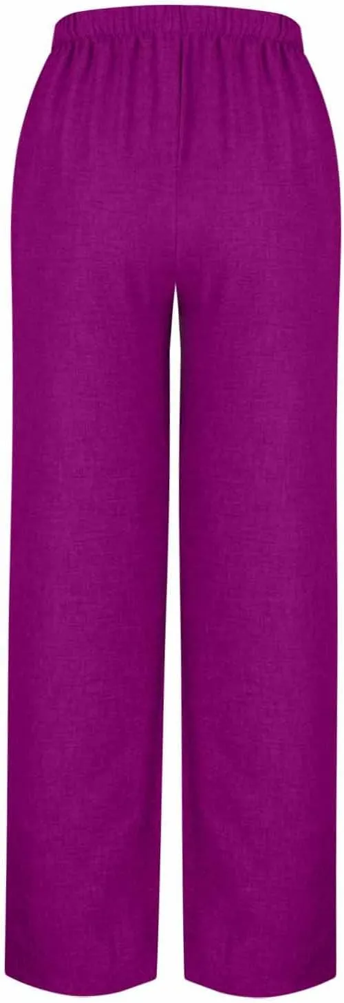 Flowy Summer Pants for Women Casual Cotton Linen Pants Side Drawstring High Waisted Wide Leg Trousers with Pockets