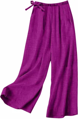 Flowy Summer Pants for Women Casual Cotton Linen Pants Side Drawstring High Waisted Wide Leg Trousers with Pockets