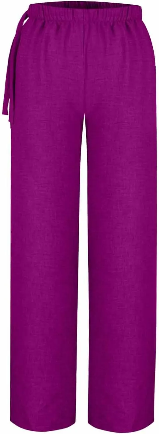 Flowy Summer Pants for Women Casual Cotton Linen Pants Side Drawstring High Waisted Wide Leg Trousers with Pockets