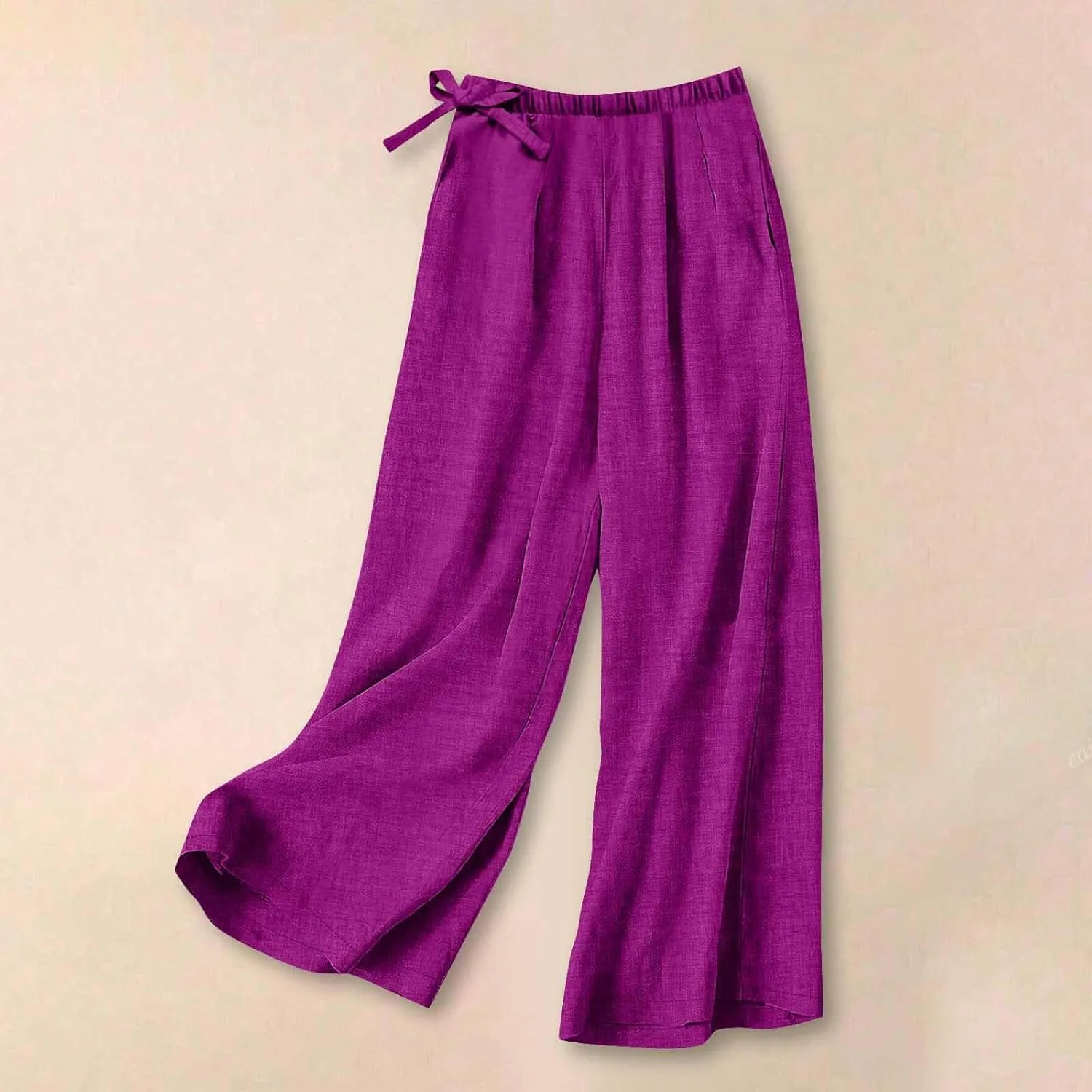 Flowy Summer Pants for Women Casual Cotton Linen Pants Side Drawstring High Waisted Wide Leg Trousers with Pockets