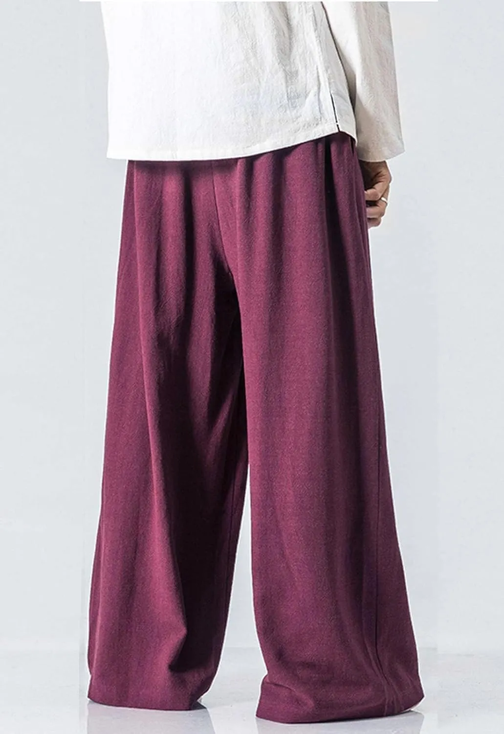 Flygo Mens Linen Pants Casual Wide Leg Baggy Pants Summer Cotton Elastic Waist Yoga Beach Palazzo Trousers