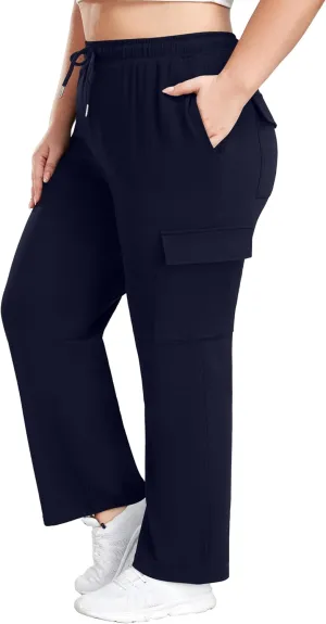 FOREYOND Plus Size Women's Cargo Sweatpants Casual Straight Leg Lounge Pants Drawstring High Waist Joggers with Pockets