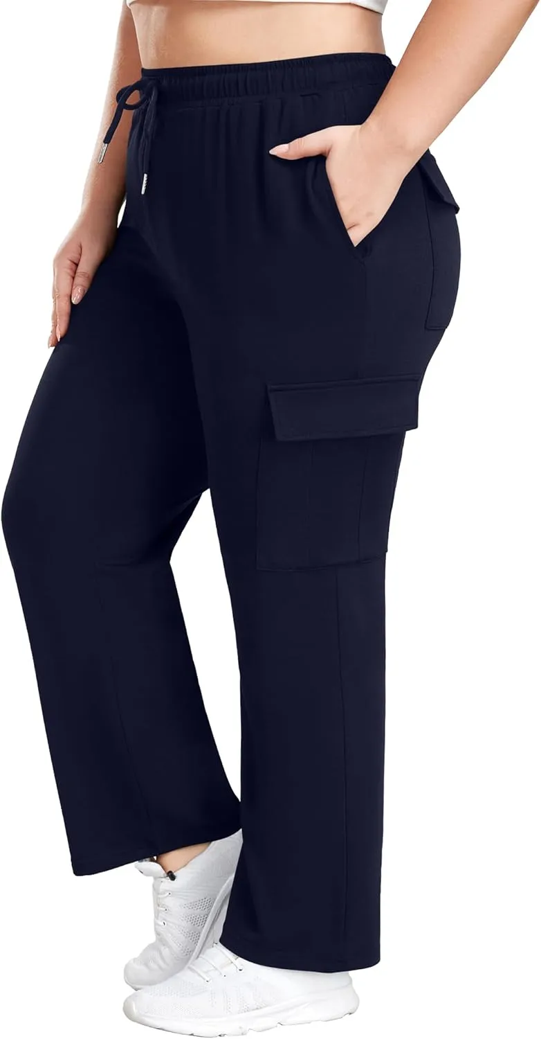 FOREYOND Plus Size Women's Cargo Sweatpants Casual Straight Leg Lounge Pants Drawstring High Waist Joggers with Pockets