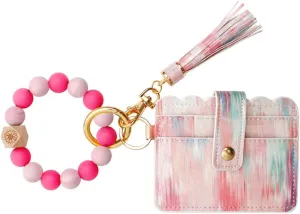 FRCOLOR Fluorescent Silicone Keychain Wristlet Bangle with Leather Tassel Stylish Card Bag Key Ring for Women Comfortable Fit for Wrists Chic Glow the Dark Design