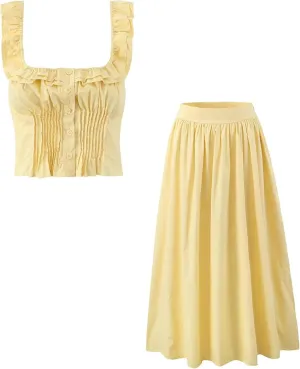 French Ruffled Short Camisole & High Waist Flowing Pleated Skirt  Summer Holiday Outfit for Women,Fashionable Long Dress for Women, Sleeveless, Comfortable & Trendy