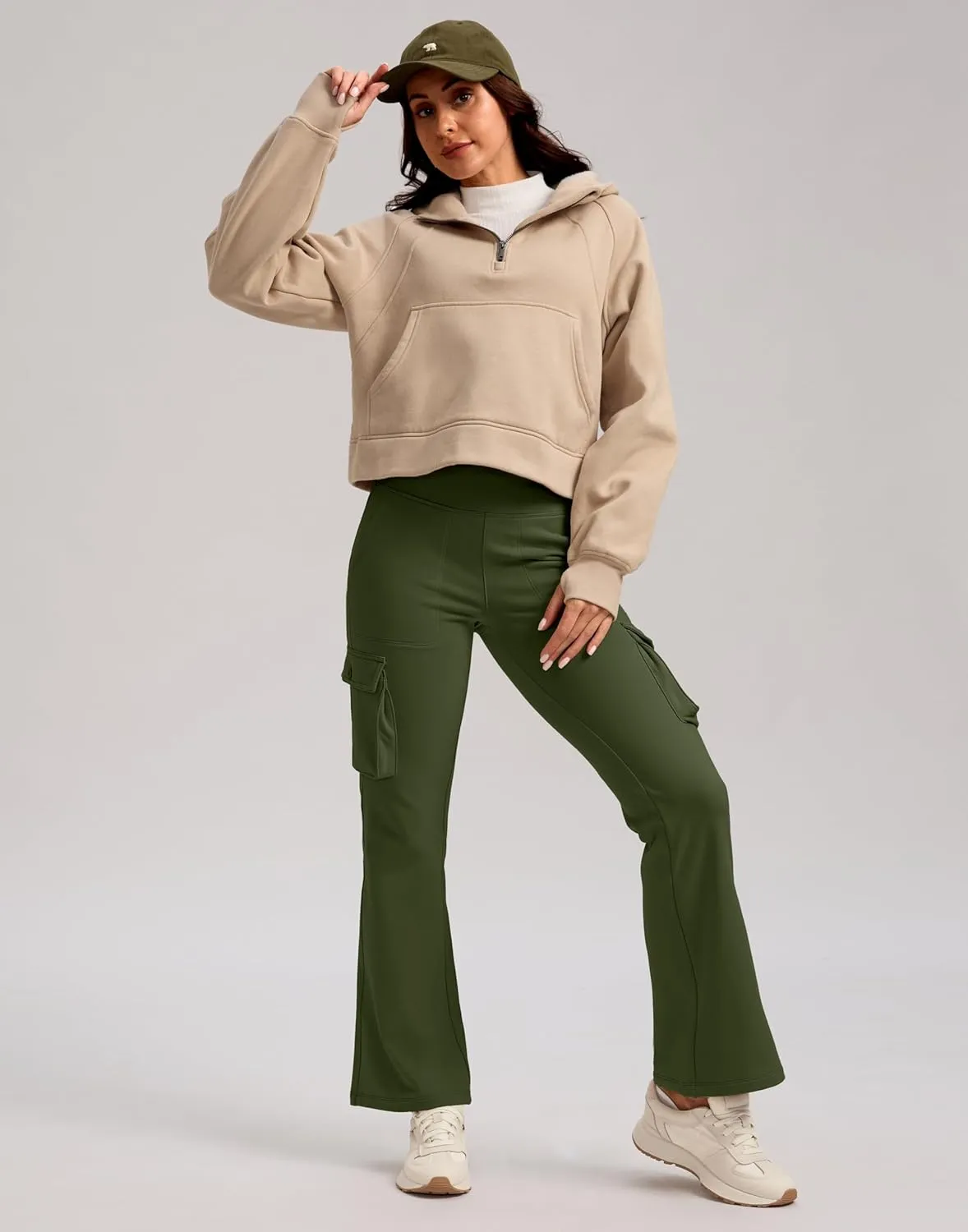 G Gradual Women's Fleece Lined Cargo Pants 6 Pockets Bootcut Water Resistant Winter Flare Leggings for Work, Hiking, Travel