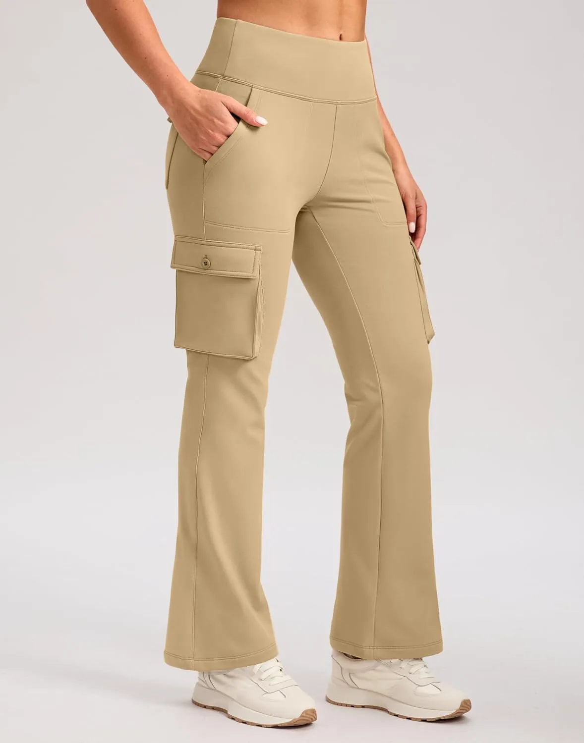 G Gradual Women's Fleece Lined Cargo Pants 6 Pockets Bootcut Water Resistant Winter Flare Leggings for Work, Hiking, Travel