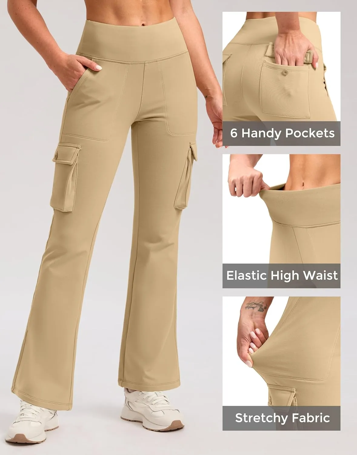 G Gradual Women's Fleece Lined Cargo Pants 6 Pockets Bootcut Water Resistant Winter Flare Leggings for Work, Hiking, Travel
