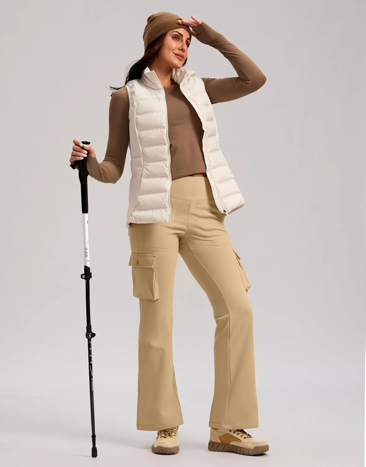 G Gradual Women's Fleece Lined Cargo Pants 6 Pockets Bootcut Water Resistant Winter Flare Leggings for Work, Hiking, Travel