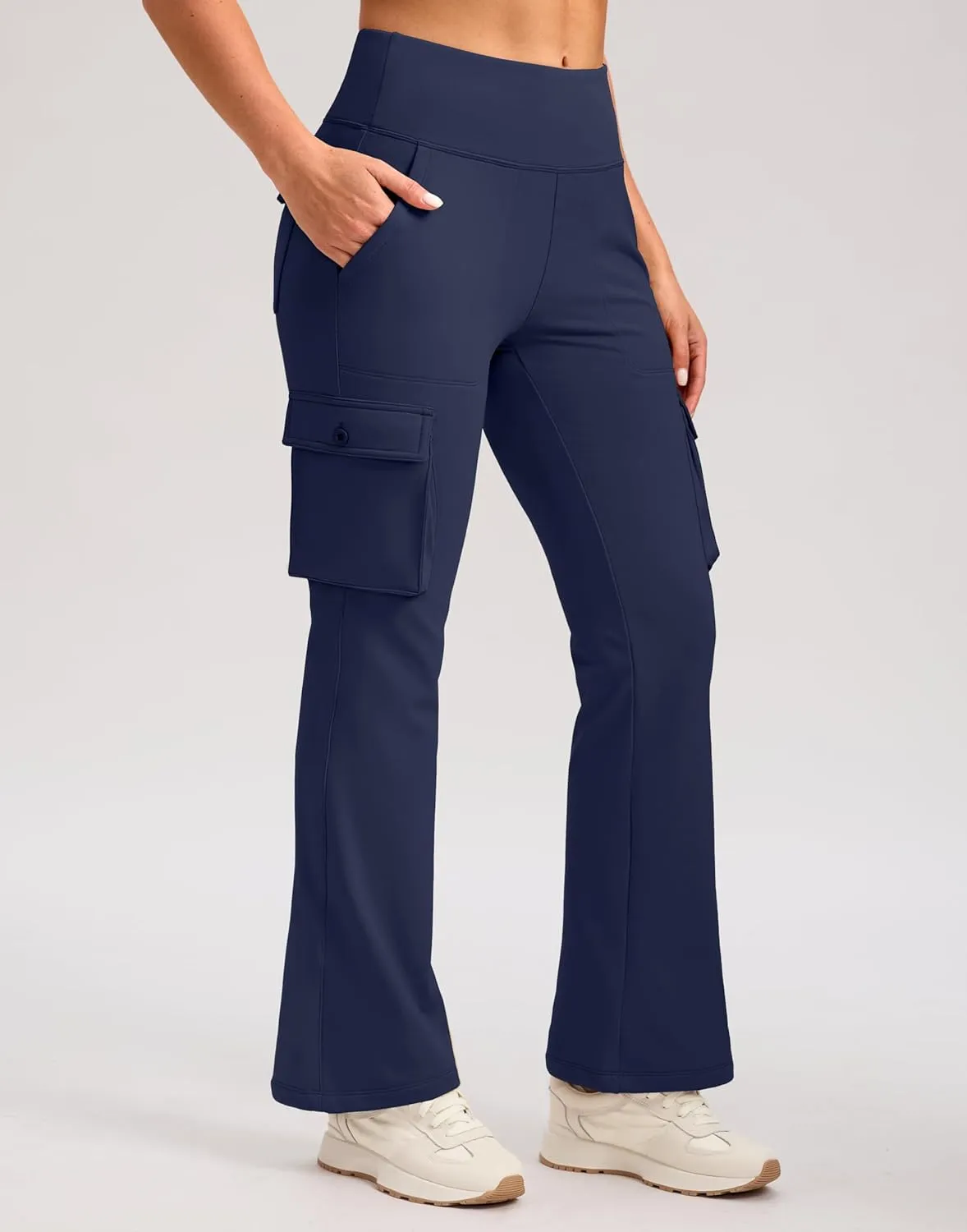 G Gradual Women's Fleece Lined Cargo Pants 6 Pockets Bootcut Water Resistant Winter Flare Leggings for Work, Hiking, Travel