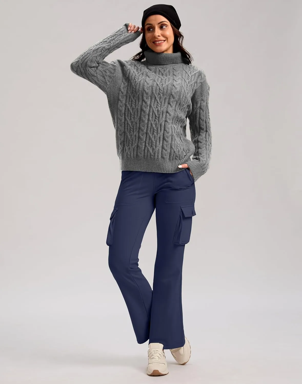G Gradual Women's Fleece Lined Cargo Pants 6 Pockets Bootcut Water Resistant Winter Flare Leggings for Work, Hiking, Travel