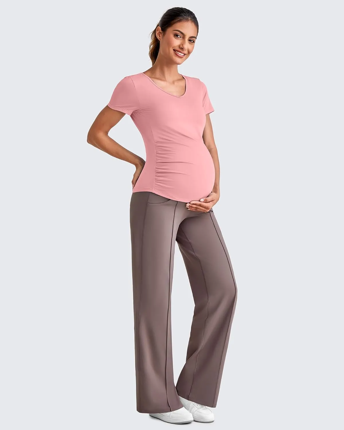 G4Free Maternity Dress Yoga Pants with Pockets Over The Belly Stretchy Work Slack Pregnancy Wide Leg Lounge Trousers