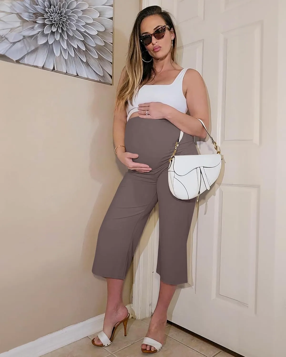 G4Free Wide Leg Maternity Yoga Capris Over The Belly Stretch Pregnancy Cropped Pants with Pockets