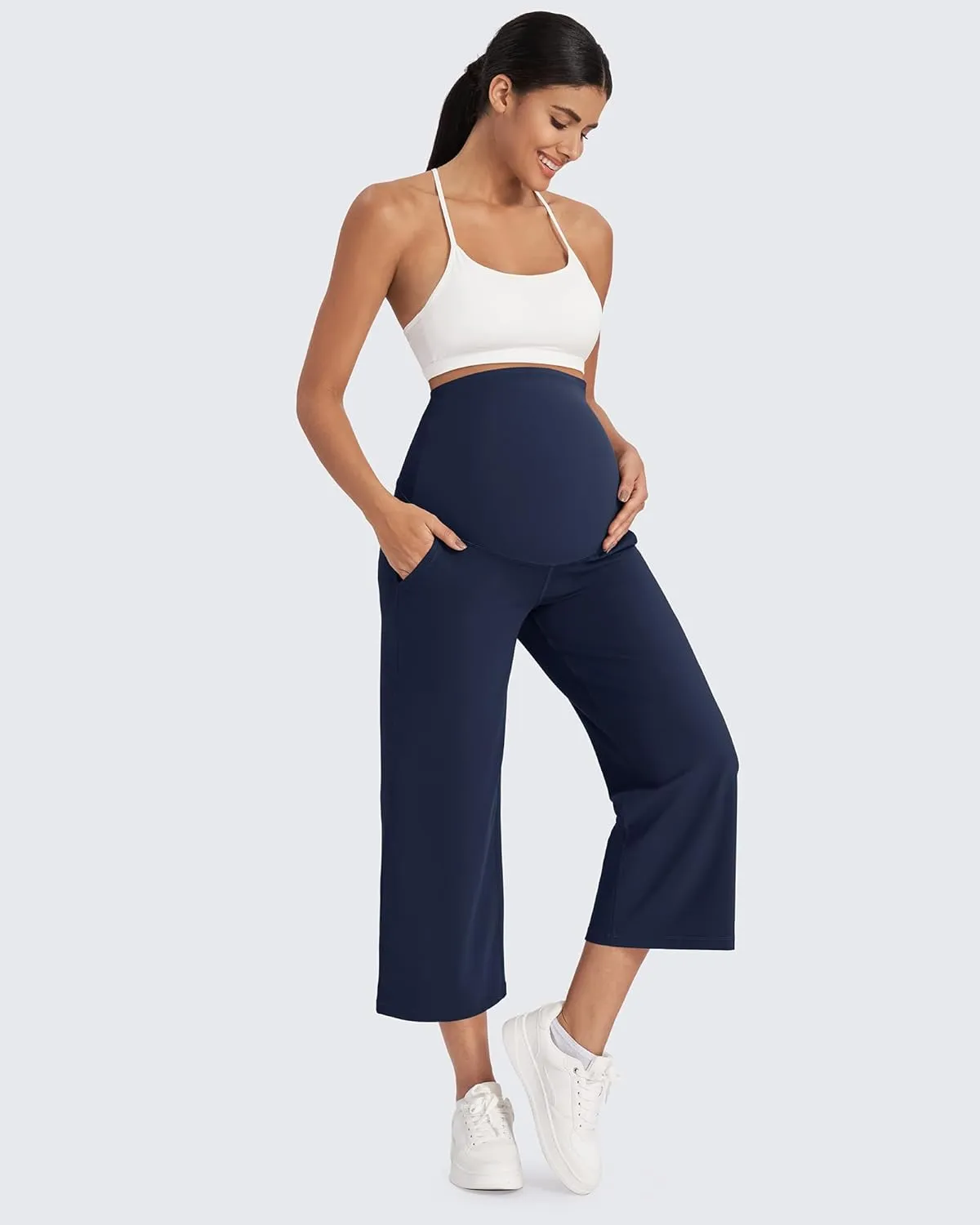 G4Free Wide Leg Maternity Yoga Capris Over The Belly Stretch Pregnancy Cropped Pants with Pockets