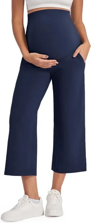 G4Free Wide Leg Maternity Yoga Capris Over The Belly Stretch Pregnancy Cropped Pants with Pockets