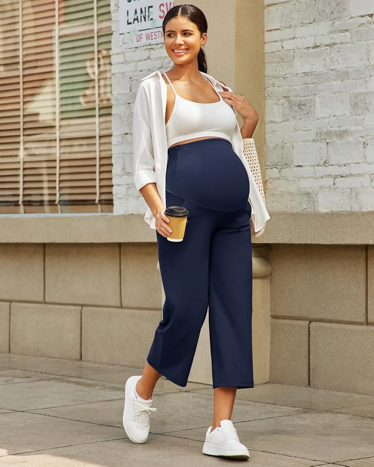 G4Free Wide Leg Maternity Yoga Capris Over The Belly Stretch Pregnancy Cropped Pants with Pockets