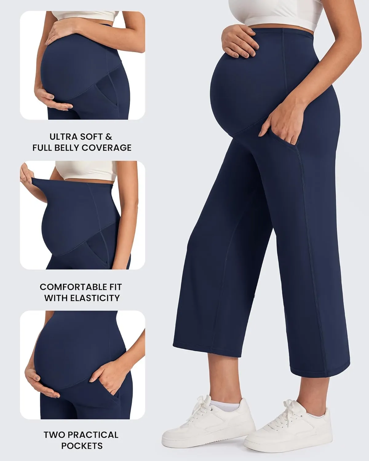 G4Free Wide Leg Maternity Yoga Capris Over The Belly Stretch Pregnancy Cropped Pants with Pockets