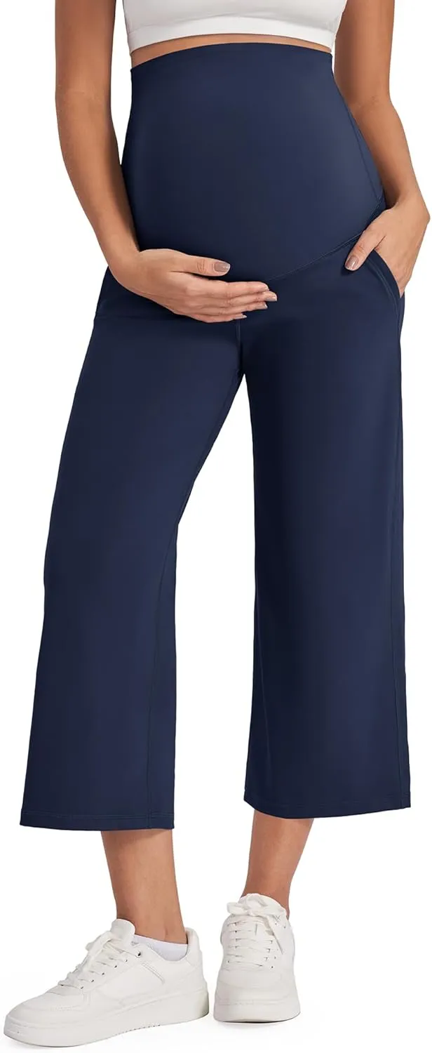G4Free Wide Leg Maternity Yoga Capris Over The Belly Stretch Pregnancy Cropped Pants with Pockets