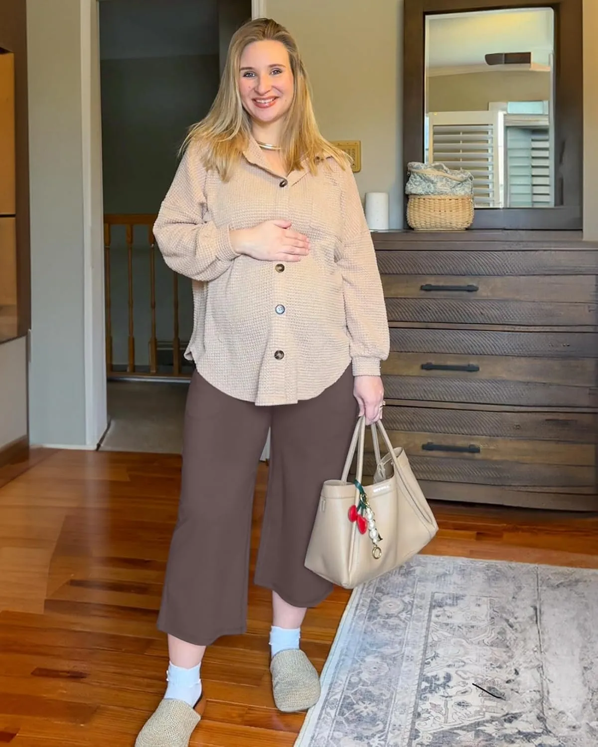 G4Free Wide Leg Maternity Yoga Capris Over The Belly Stretch Pregnancy Cropped Pants with Pockets