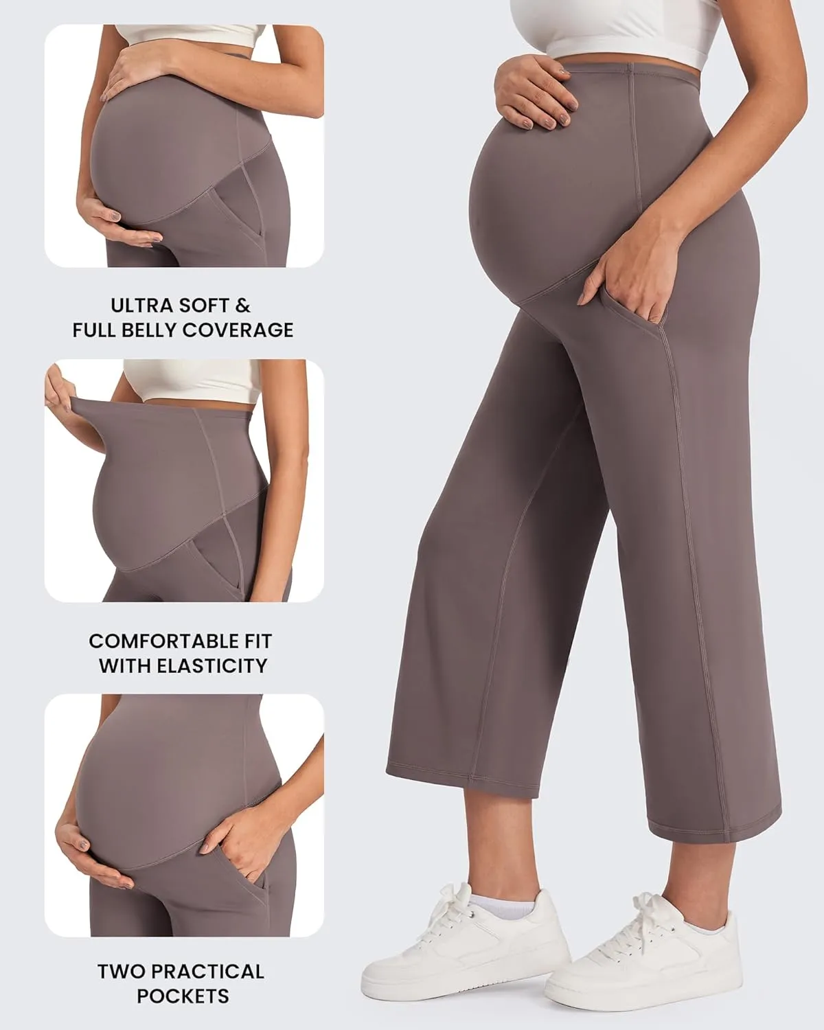 G4Free Wide Leg Maternity Yoga Capris Over The Belly Stretch Pregnancy Cropped Pants with Pockets