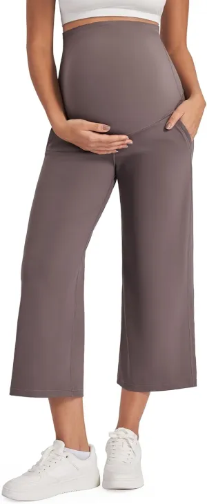 G4Free Wide Leg Maternity Yoga Capris Over The Belly Stretch Pregnancy Cropped Pants with Pockets