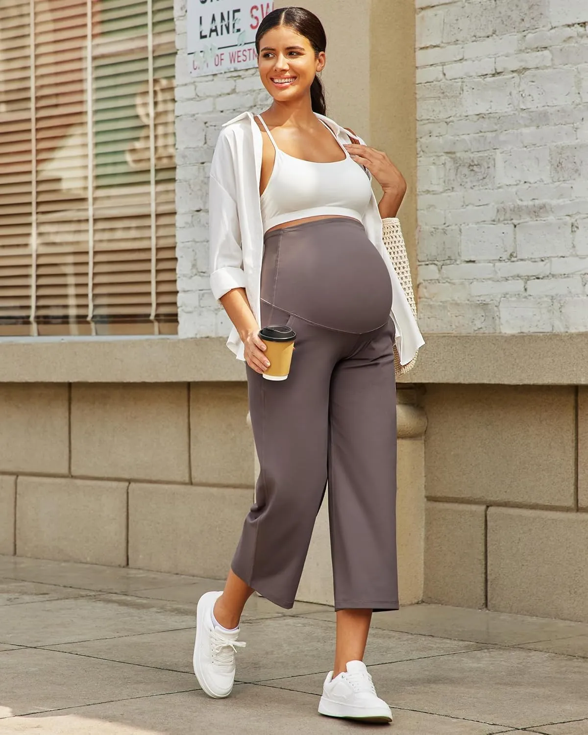 G4Free Wide Leg Maternity Yoga Capris Over The Belly Stretch Pregnancy Cropped Pants with Pockets