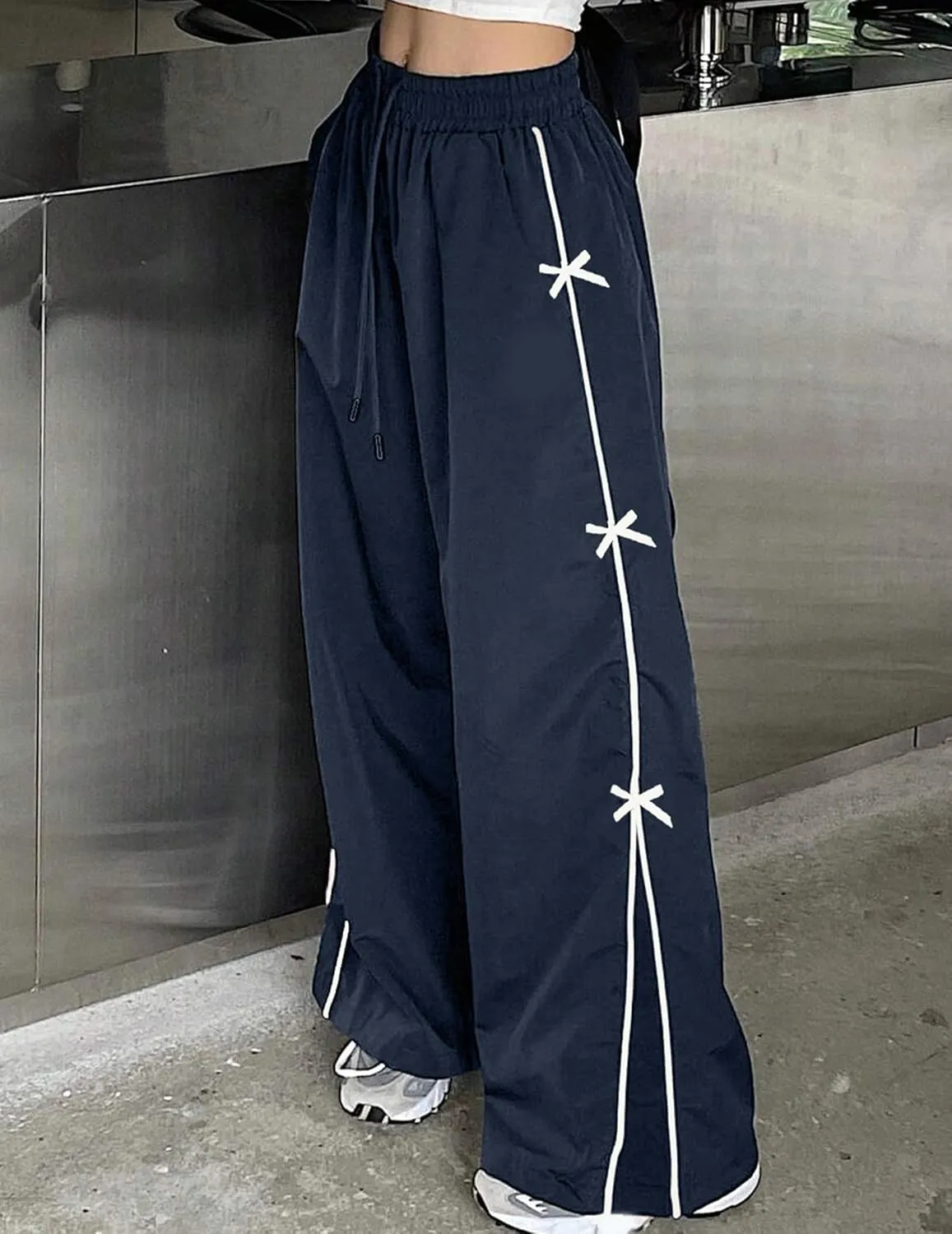 GAMMIS Women's Bow Tie Wide Leg Sweatpants Elastic Waist Parachute Baggy Pants Track Y2K Trousers