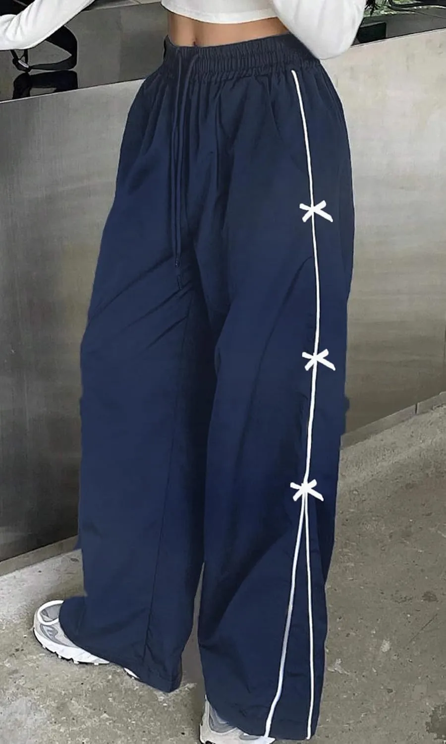 GAMMIS Women's Bow Tie Wide Leg Sweatpants Elastic Waist Parachute Baggy Pants Track Y2K Trousers
