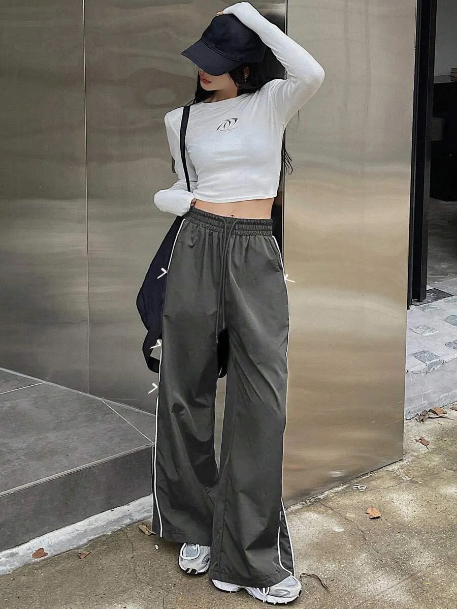 GAMMIS Women's Bow Tie Wide Leg Sweatpants Elastic Waist Parachute Baggy Pants Track Y2K Trousers
