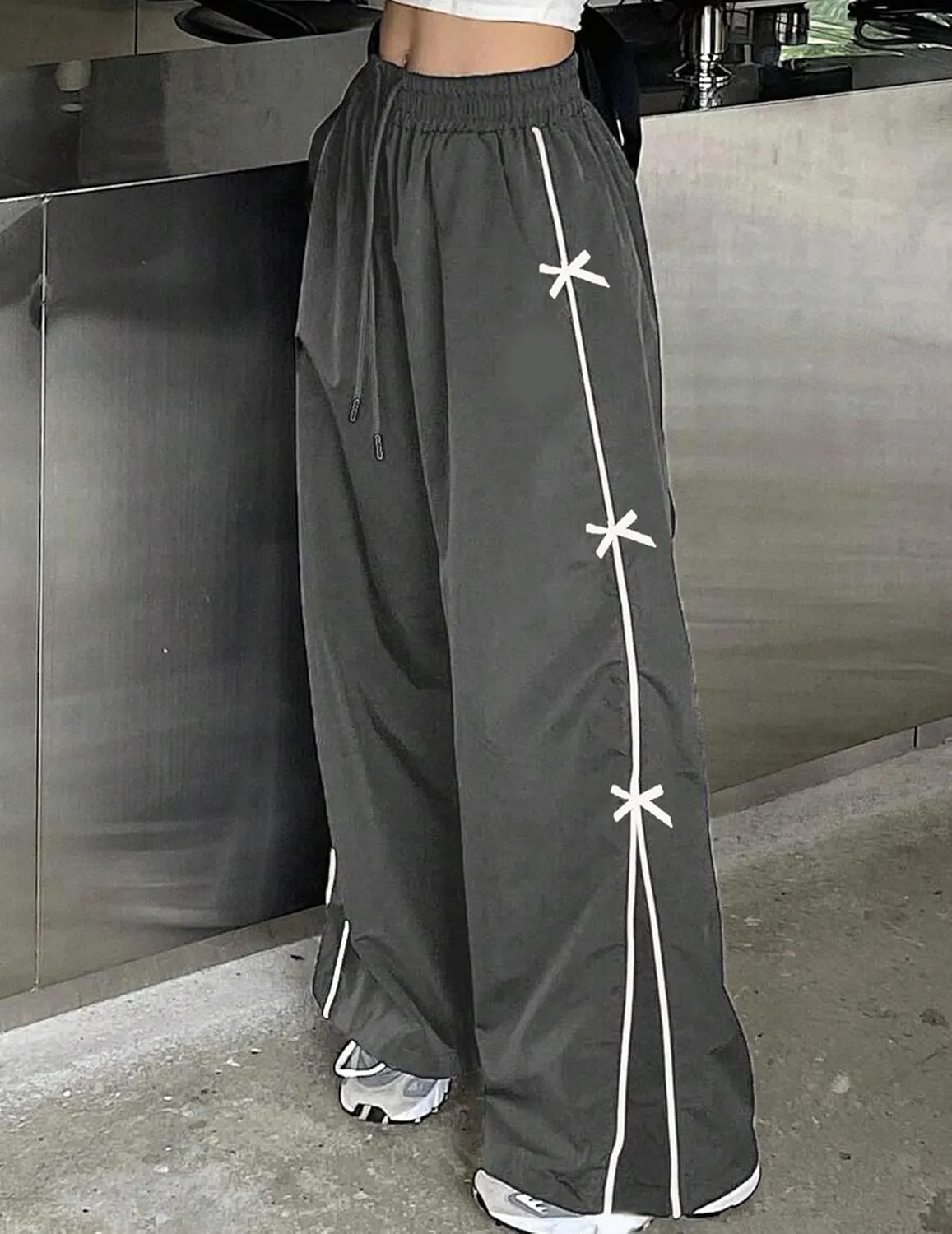 GAMMIS Women's Bow Tie Wide Leg Sweatpants Elastic Waist Parachute Baggy Pants Track Y2K Trousers