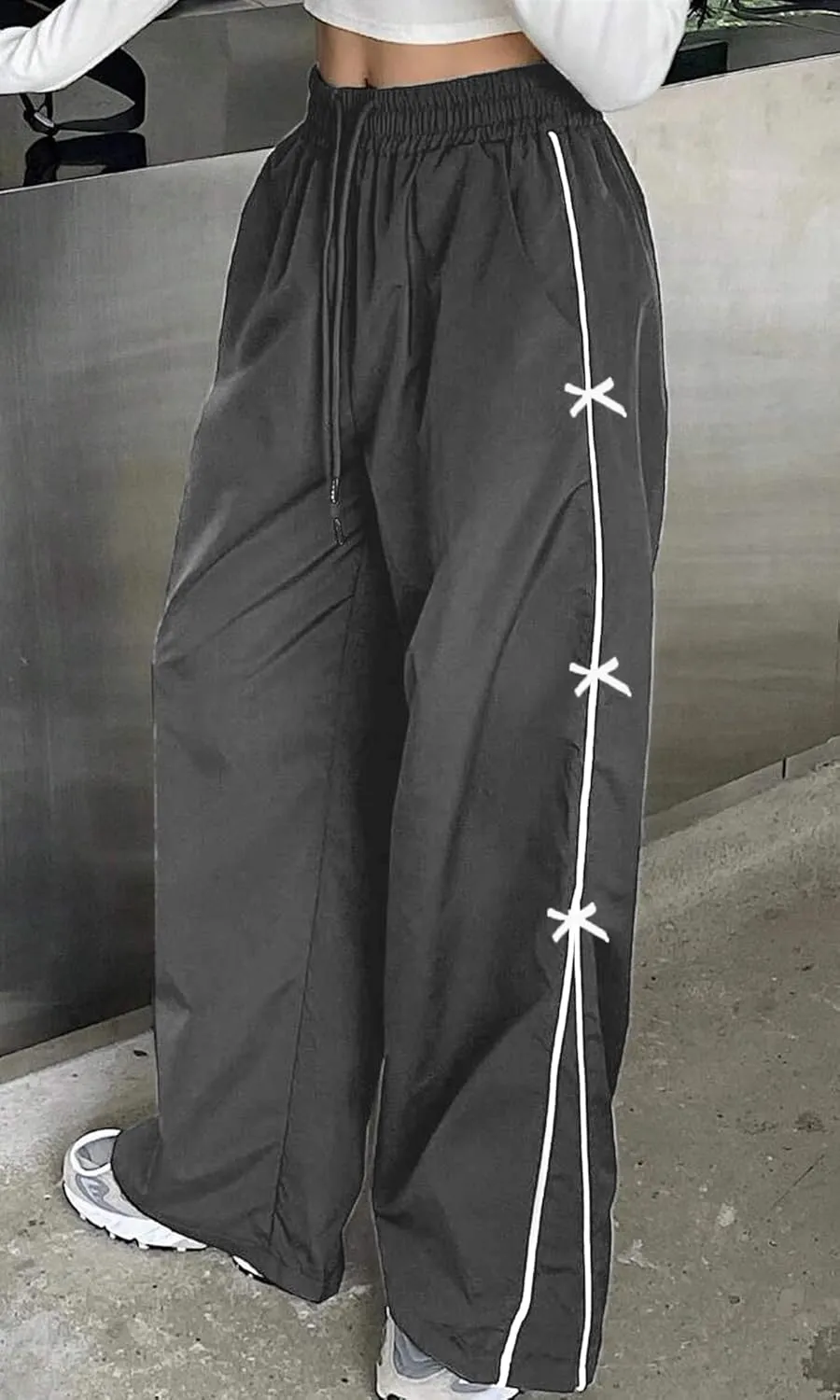 GAMMIS Women's Bow Tie Wide Leg Sweatpants Elastic Waist Parachute Baggy Pants Track Y2K Trousers