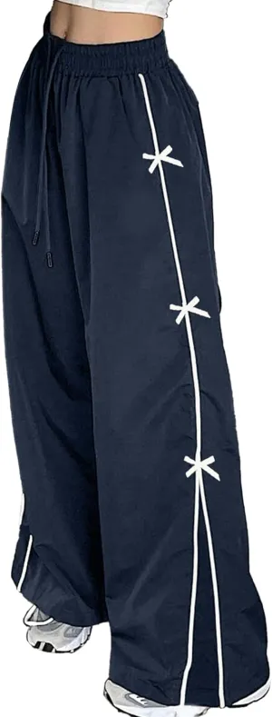 GAMMIS Women's Bow Tie Wide Leg Sweatpants Elastic Waist Parachute Baggy Pants Track Y2K Trousers