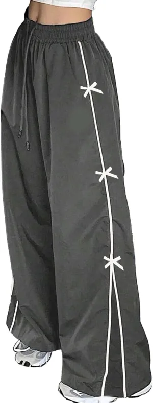 GAMMIS Women's Bow Tie Wide Leg Sweatpants Elastic Waist Parachute Baggy Pants Track Y2K Trousers